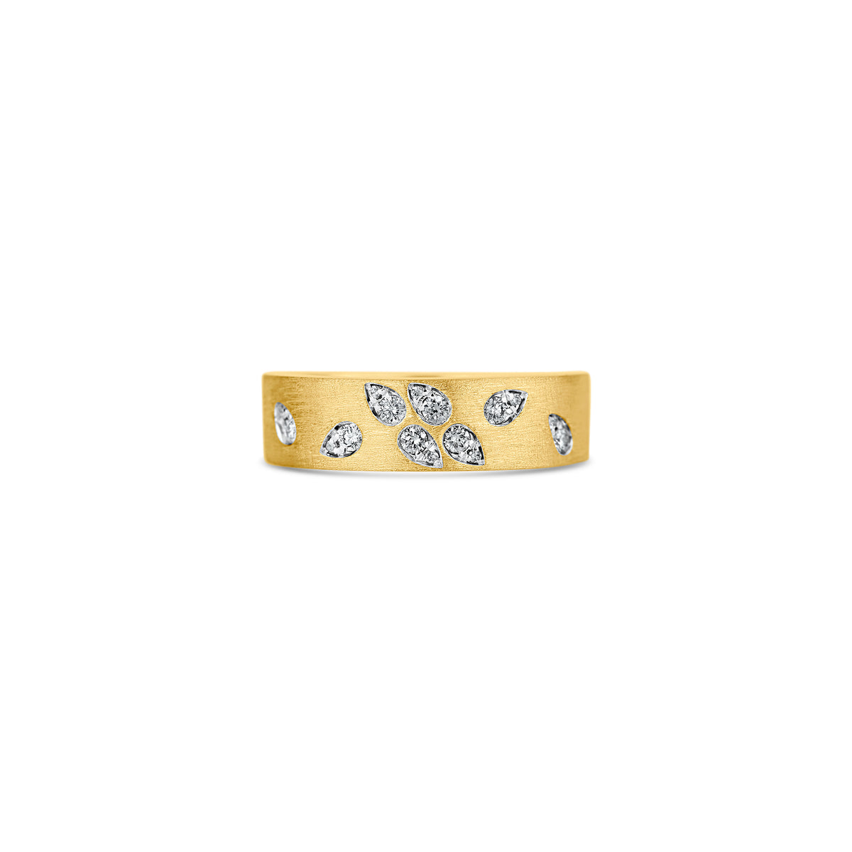 14k Yellow Gold Confetti Pear Diamond Satin Finish Band