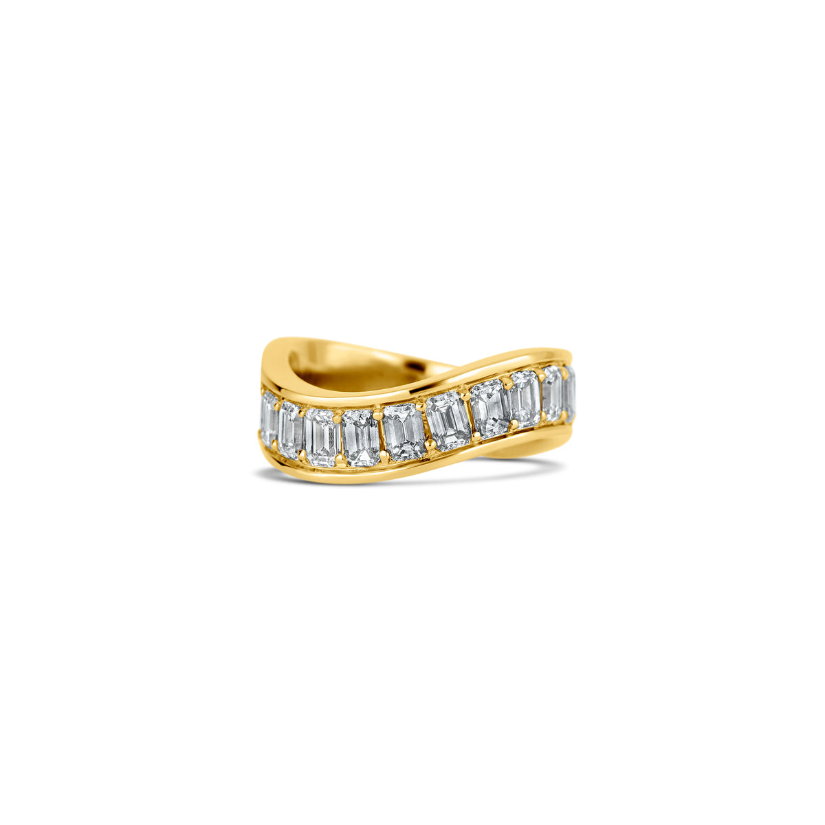 14k Yellow Gold Emerald Diamond Wave Band