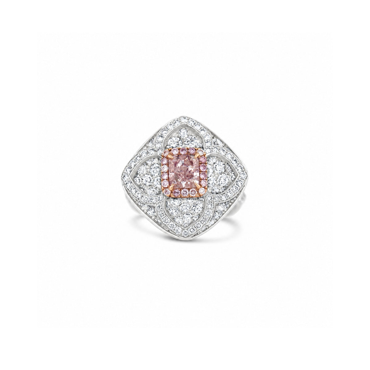 18k White and Rose Gold Cushion Fancy Orangy Pink Diamond Engagement Ring