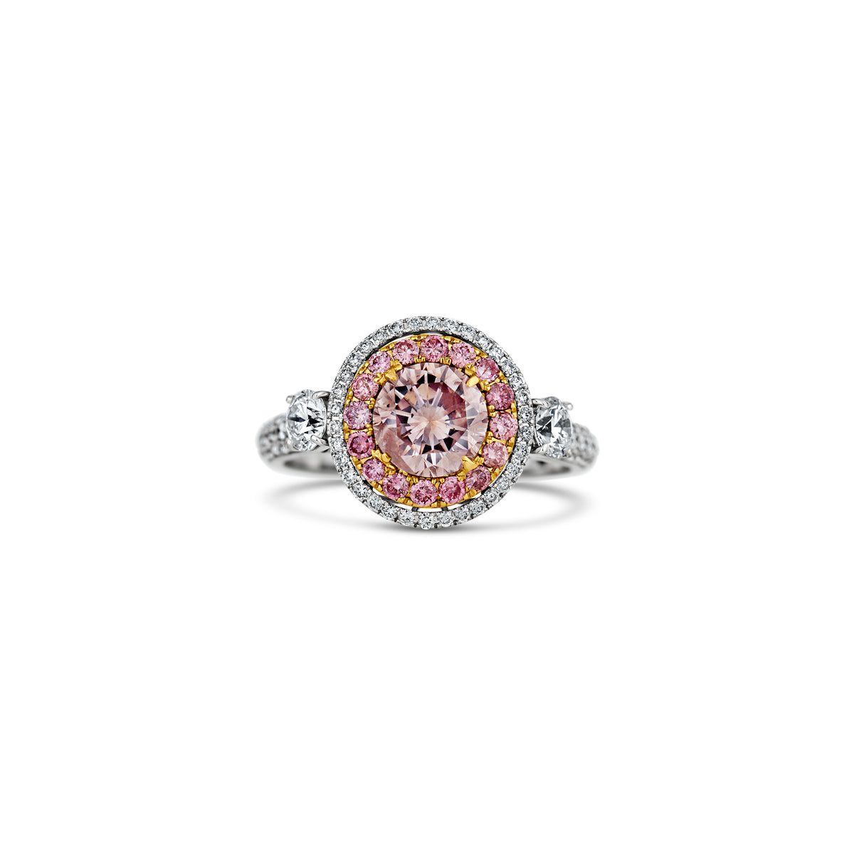 18k White and Rose Gold Round Fancy Orangy Pink Diamond Halo Engagement Ring