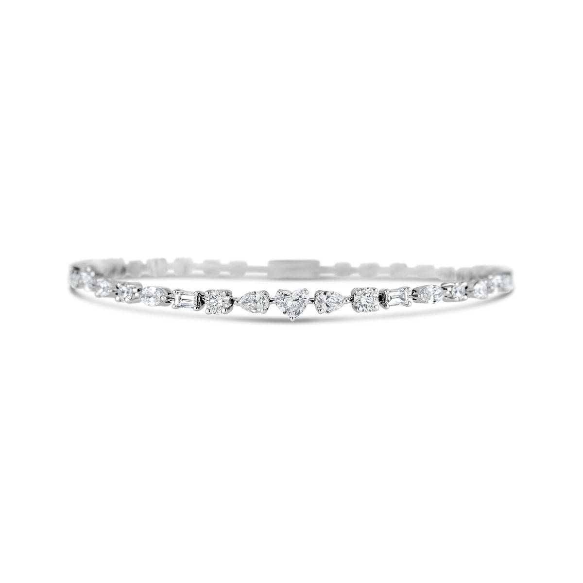 18k White Gold Heart, Round, Pear, Marquise, and Baguette Diamond Bracelet