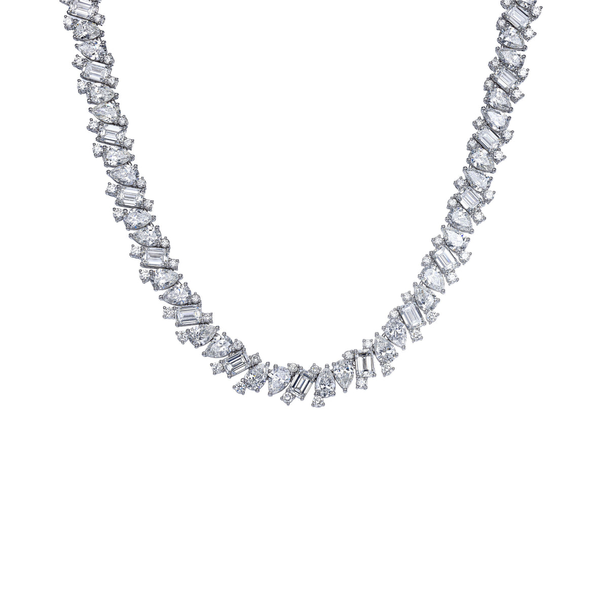 18k White Gold Multi-Shape Diamond and Emerald Cluster Necklace