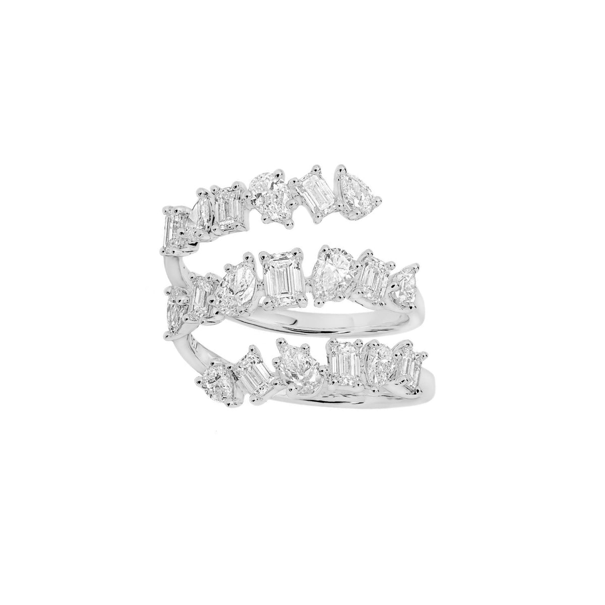 18k White Gold Pear, Baguette, and Emerald Diamond Three-Row Ring