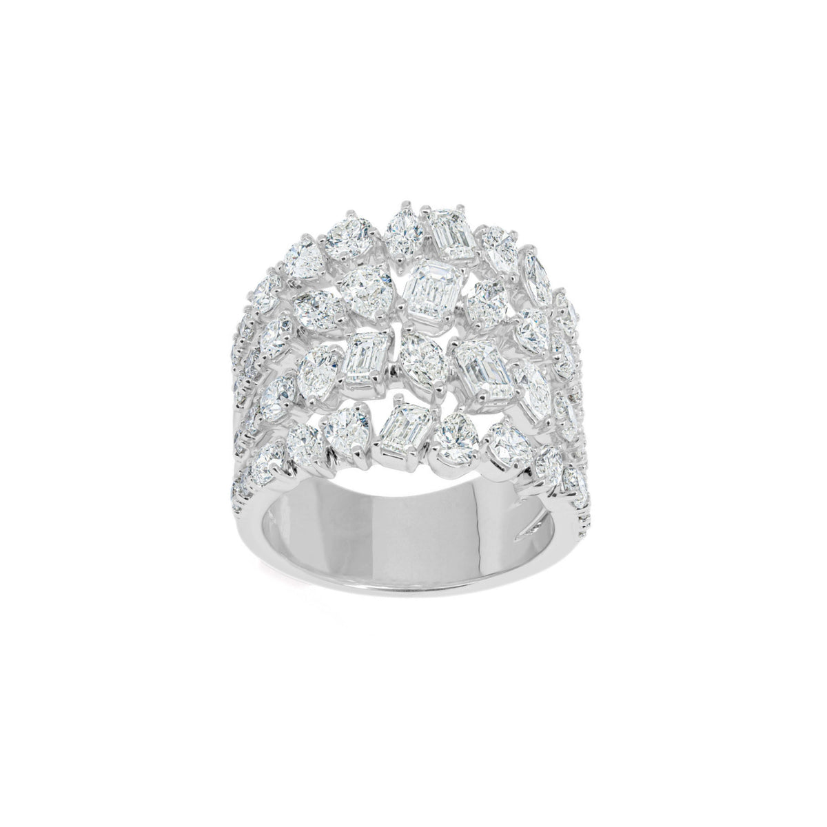 18k White Gold Round, Emerald, Pear, and Marquise Diamond Four-Row Band