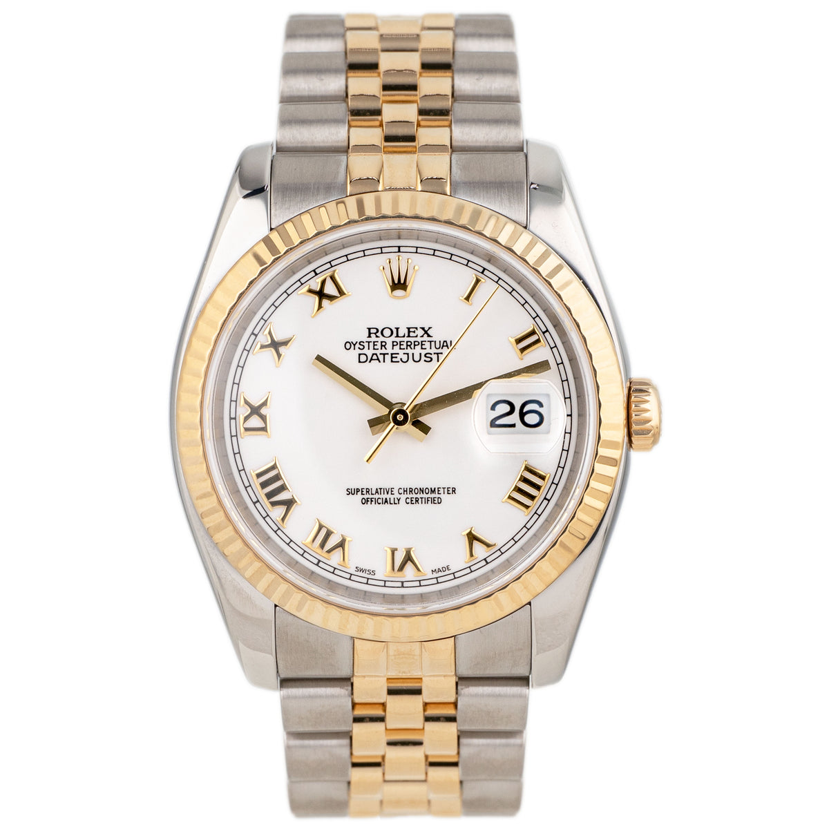 Rolex Datejust 36 Stainless Steel & Yellow Gold White Roman Dial Fluted Jubilee 36mm 116233 Full Set