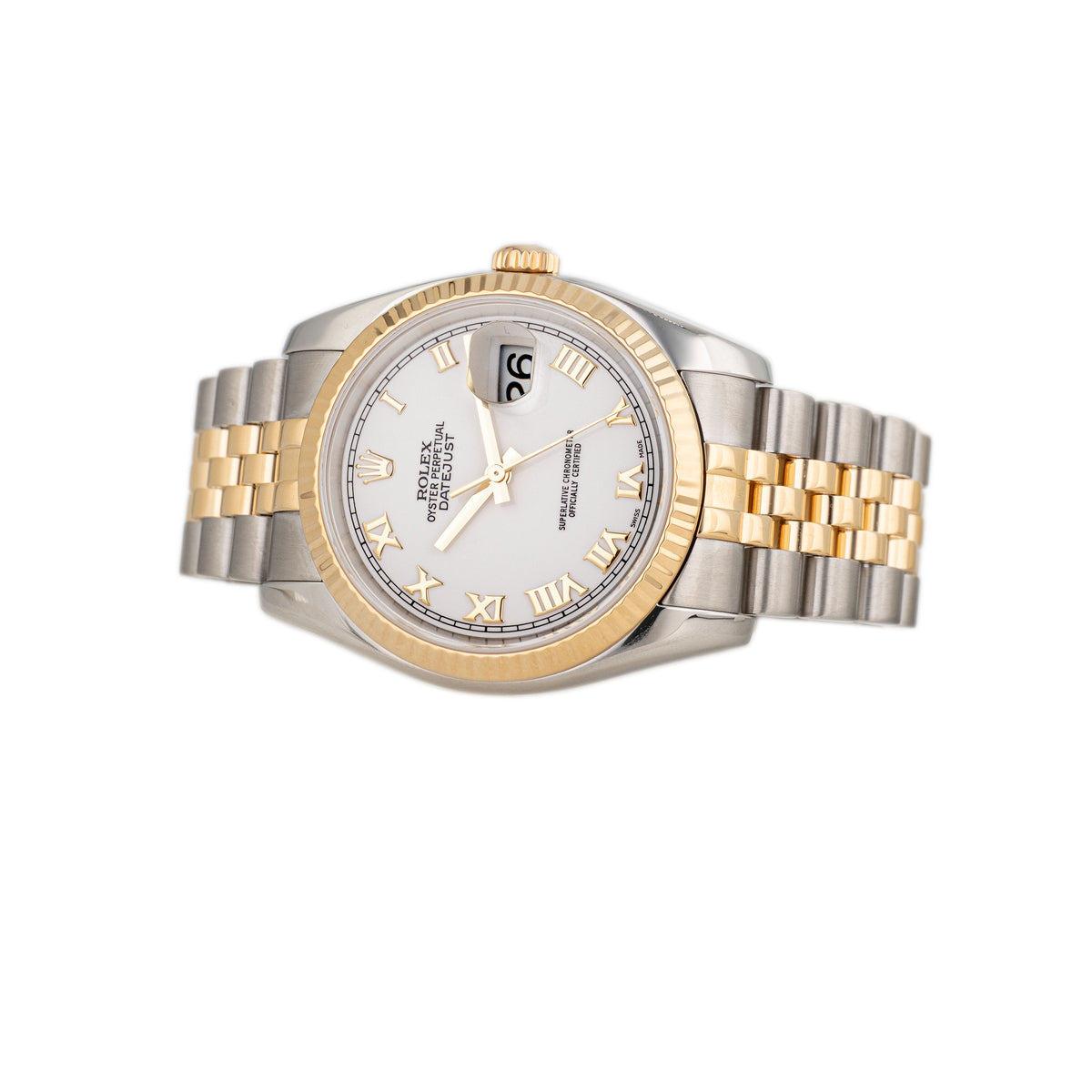 Rolex Datejust 36 Stainless Steel & Yellow Gold White Roman Dial Fluted Jubilee 36mm 116233 Full Set