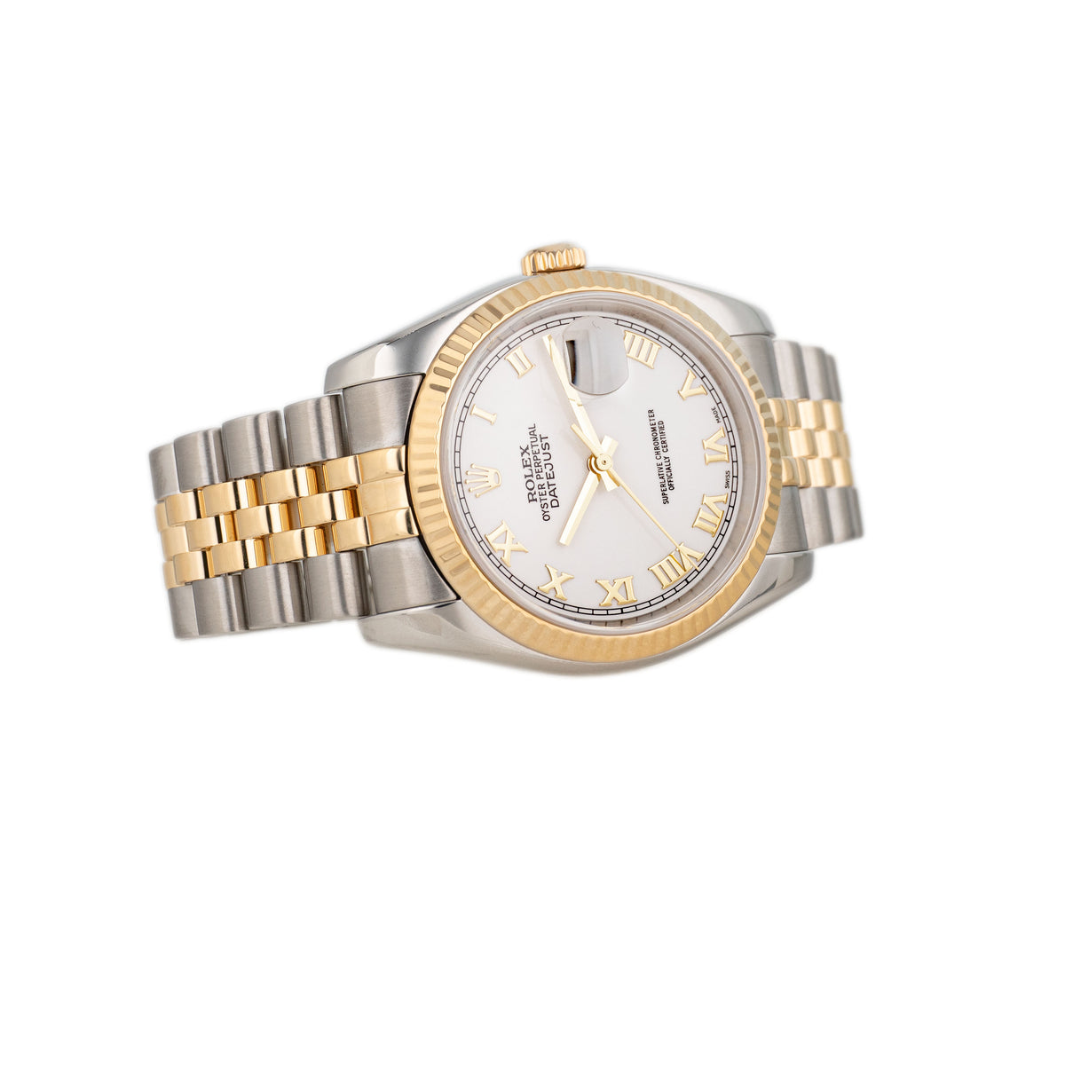 Rolex Datejust 36 Stainless Steel & Yellow Gold White Roman Dial Fluted Jubilee 36mm 116233 Full Set