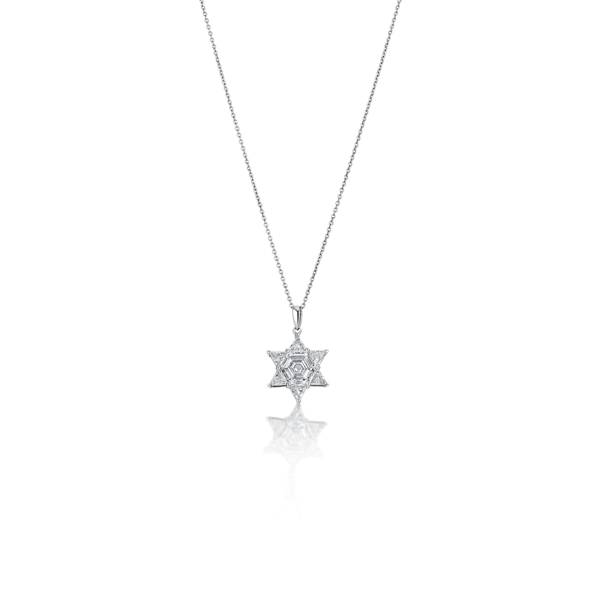 14k White Gold Lab Grown Hexagon and Trillion Diamond Star of David Pendant with Chain