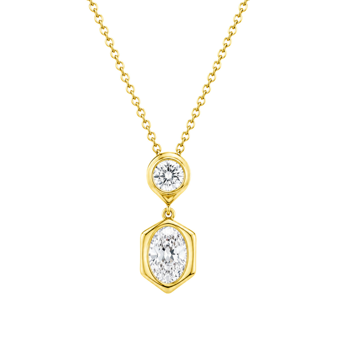 14k Yellow Gold Lab Grown Oval and Round Diamond Bezel Set Pendant with Chain