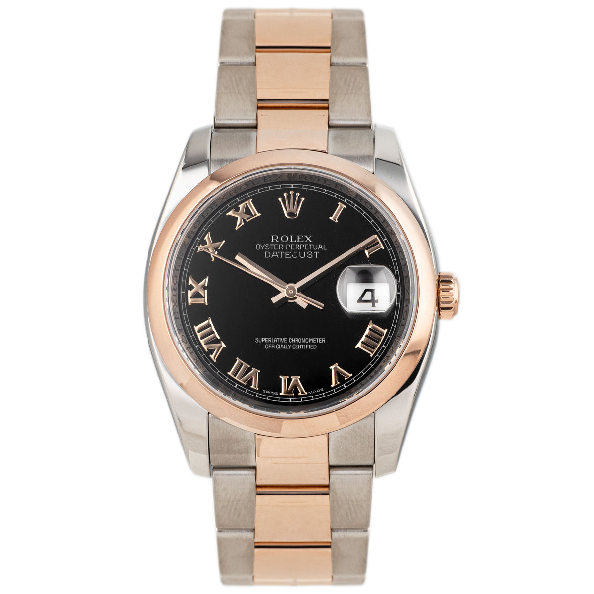 Rolex Datejust 36 Stainless Steel & Rose Gold Black Roman Dial Smooth Oyster 36mm 116201