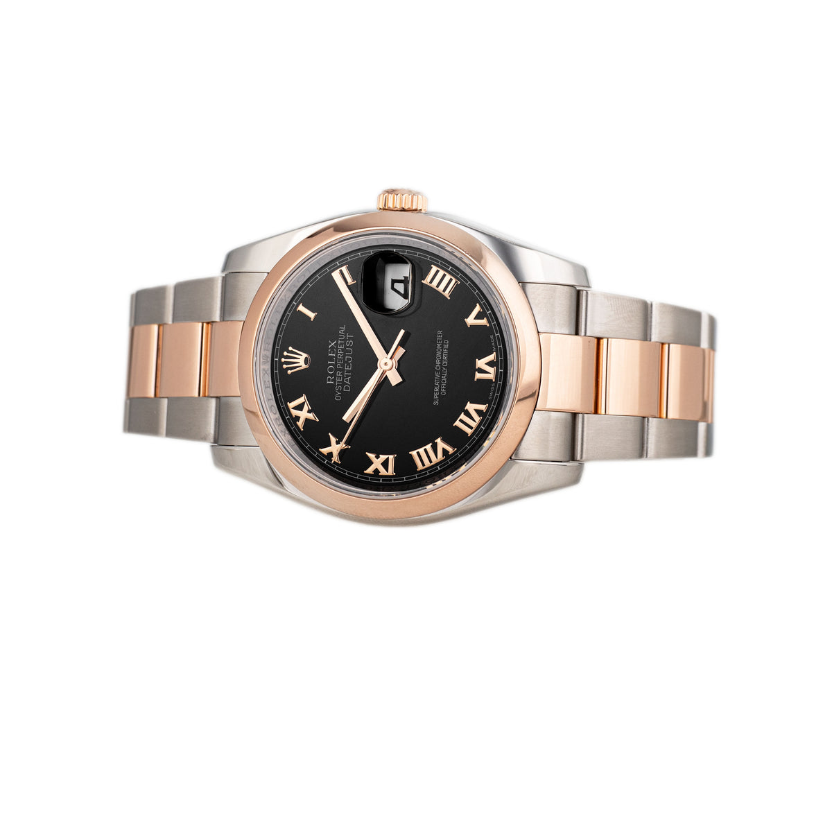 Rolex Datejust 36 Stainless Steel & Rose Gold Black Roman Dial Smooth Oyster 36mm 116201