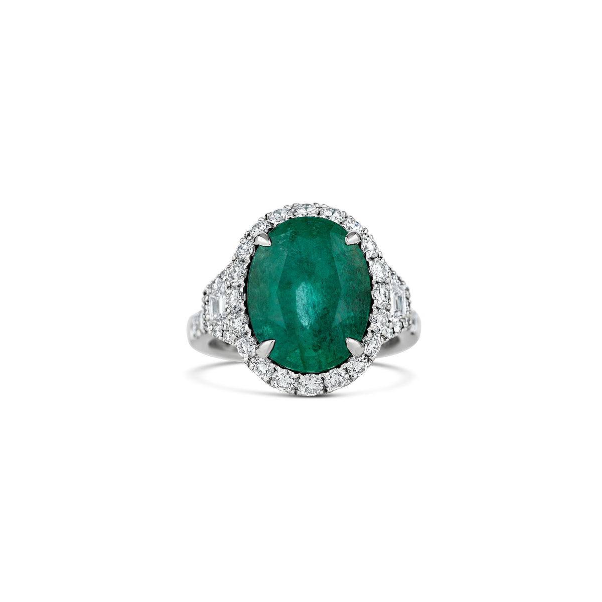 Platinum 8.60ct Oval Emerald and Diamond Three Stone Halo Ring