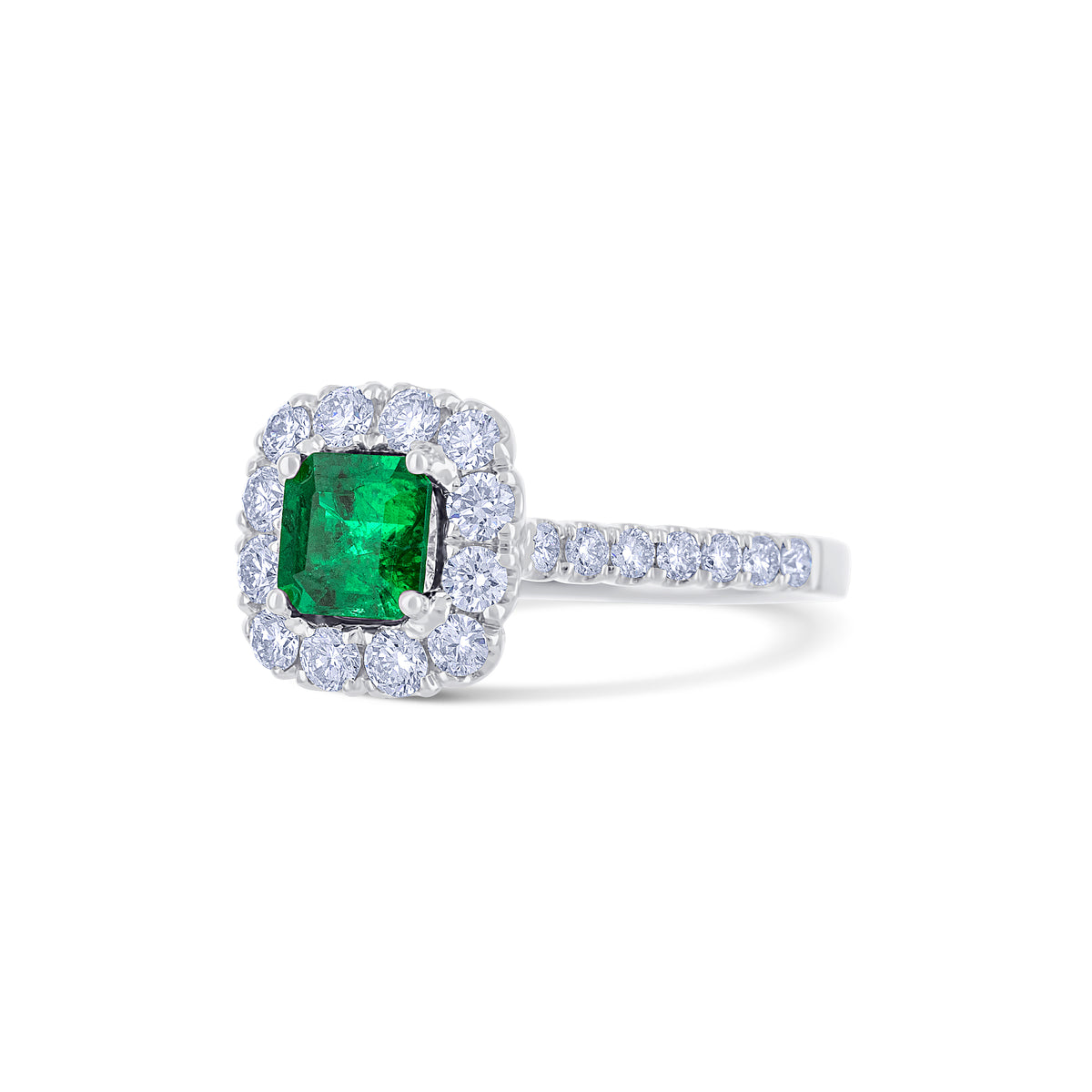 18k White Gold 0.75CT Asscher Emerald and Diamond Halo Ring