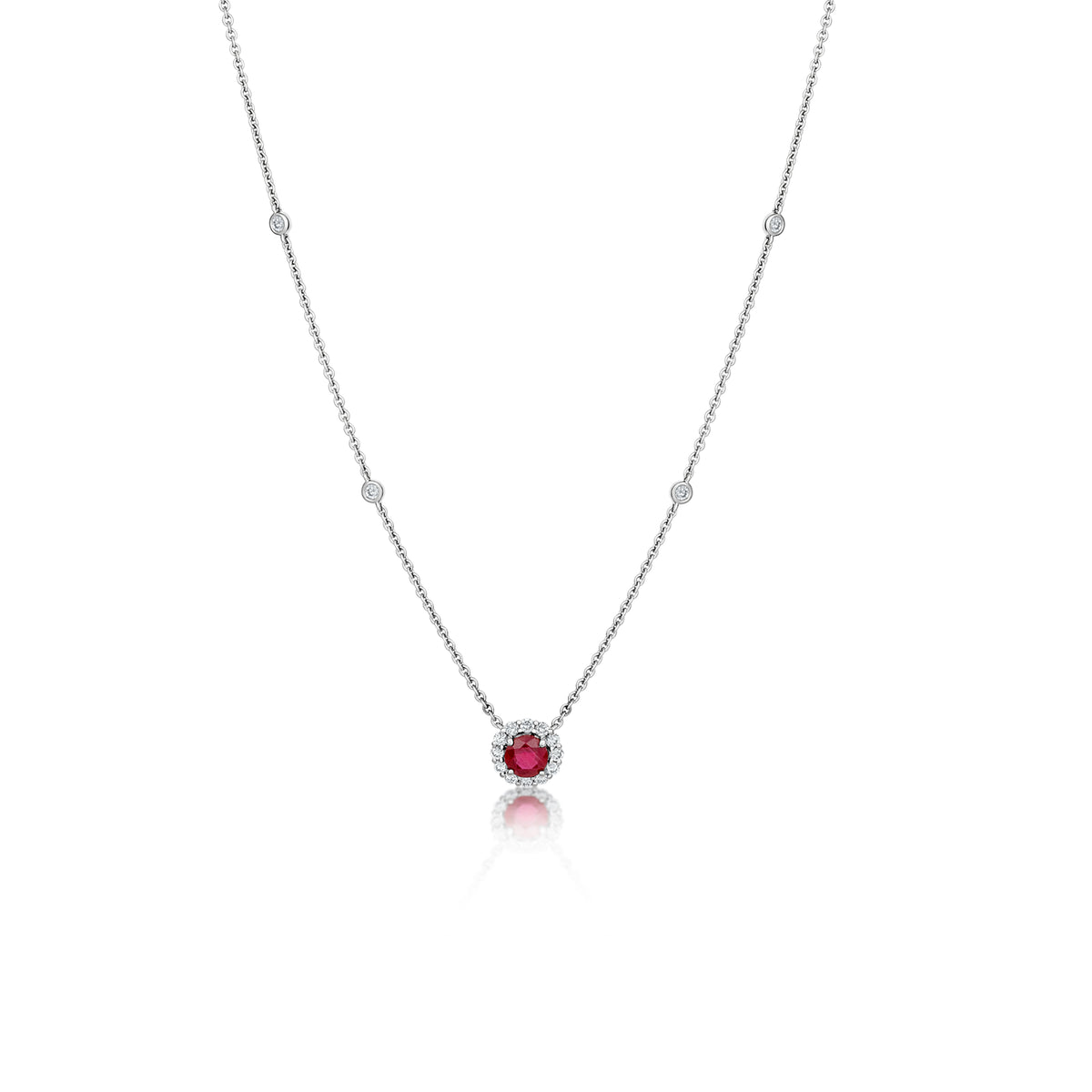 18k White Gold 0.88ct Round Ruby and Diamond Halo by the Yard Necklace
