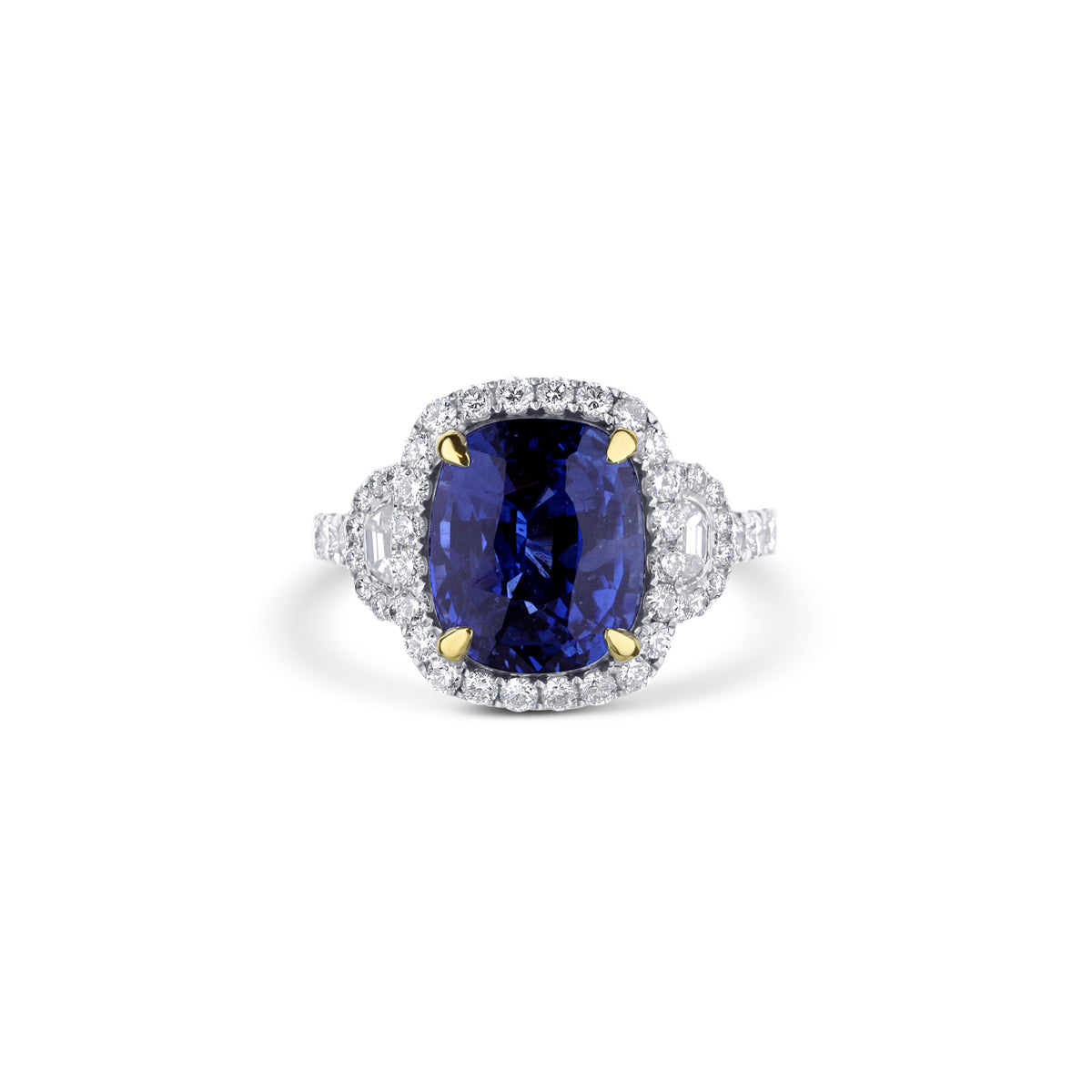 18k White Gold and 18k Yellow Gold 7.58CT Cushion Sapphire and Diamond Three Stone Halo Ring