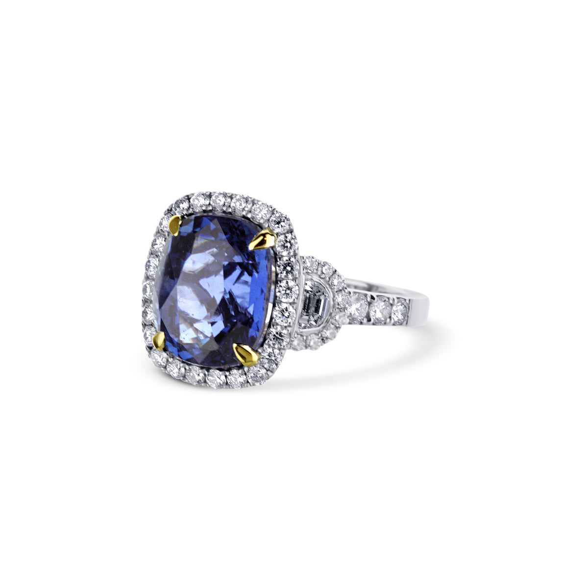 18k White Gold and 18k Yellow Gold 7.58CT Cushion Sapphire and Diamond Three Stone Halo Ring