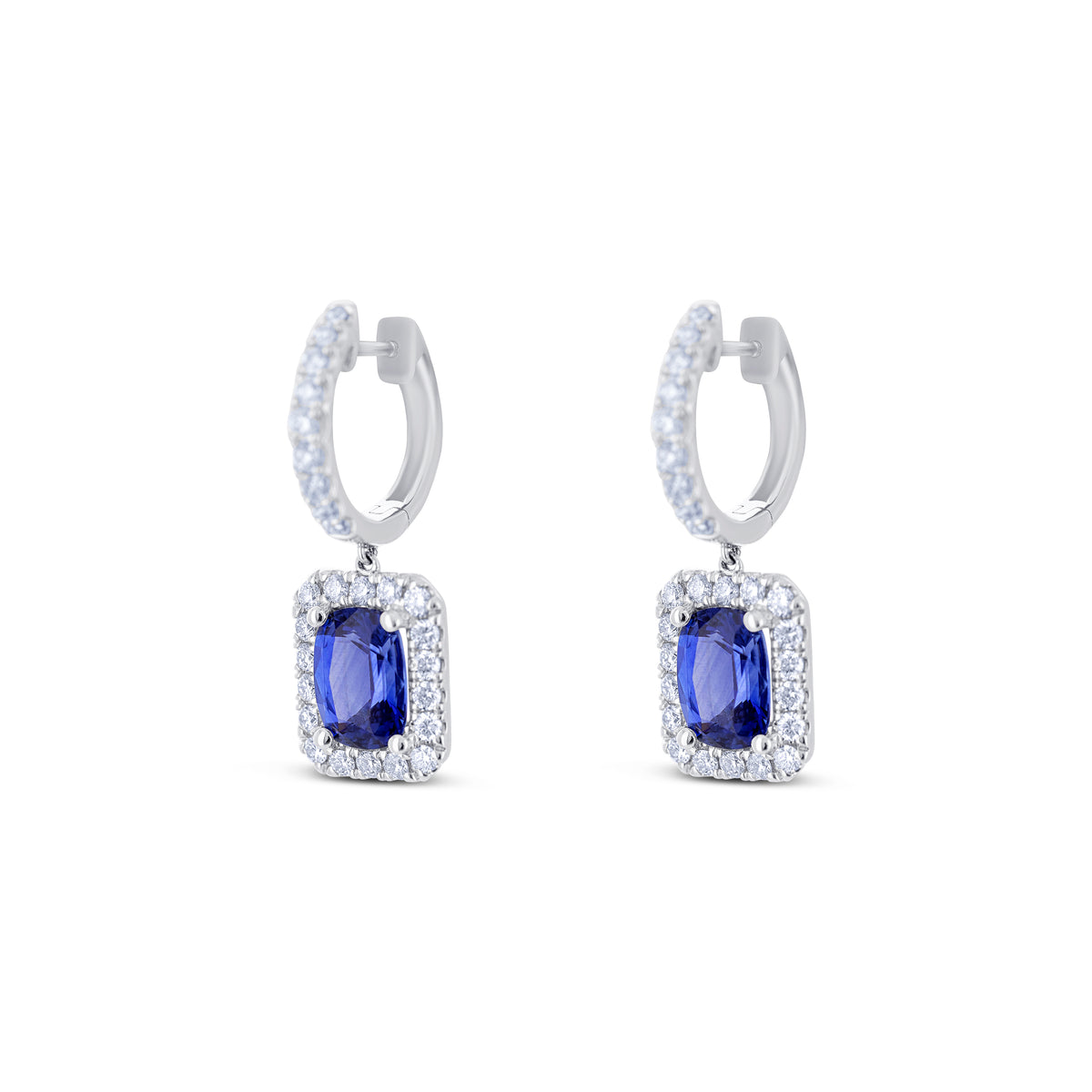 18k White Gold Cushion Sapphire and Diamond Halo Huggie Drop Earrings