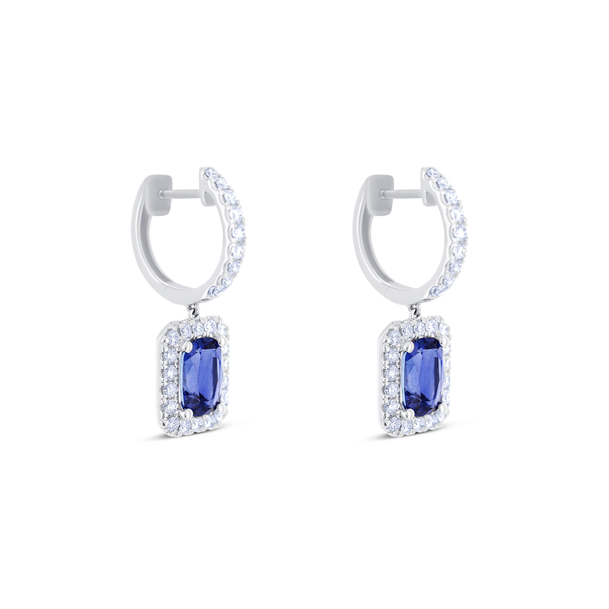 18k White Gold Cushion Sapphire and Diamond Halo Huggie Drop Earrings