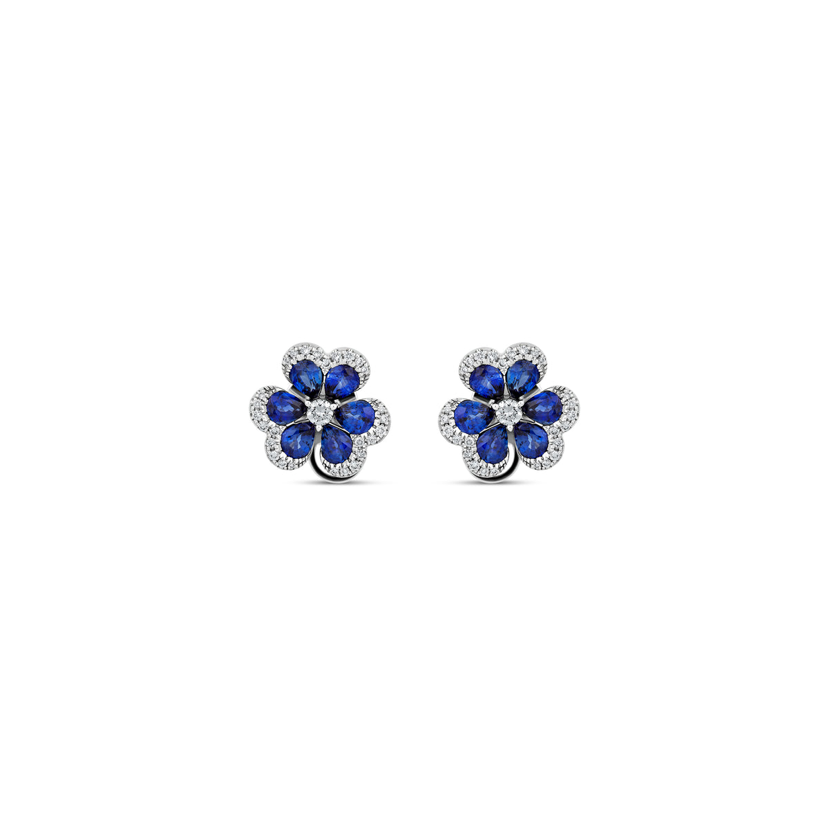 18k White Gold Pear Sapphire and Diamond Flower Post Earrings