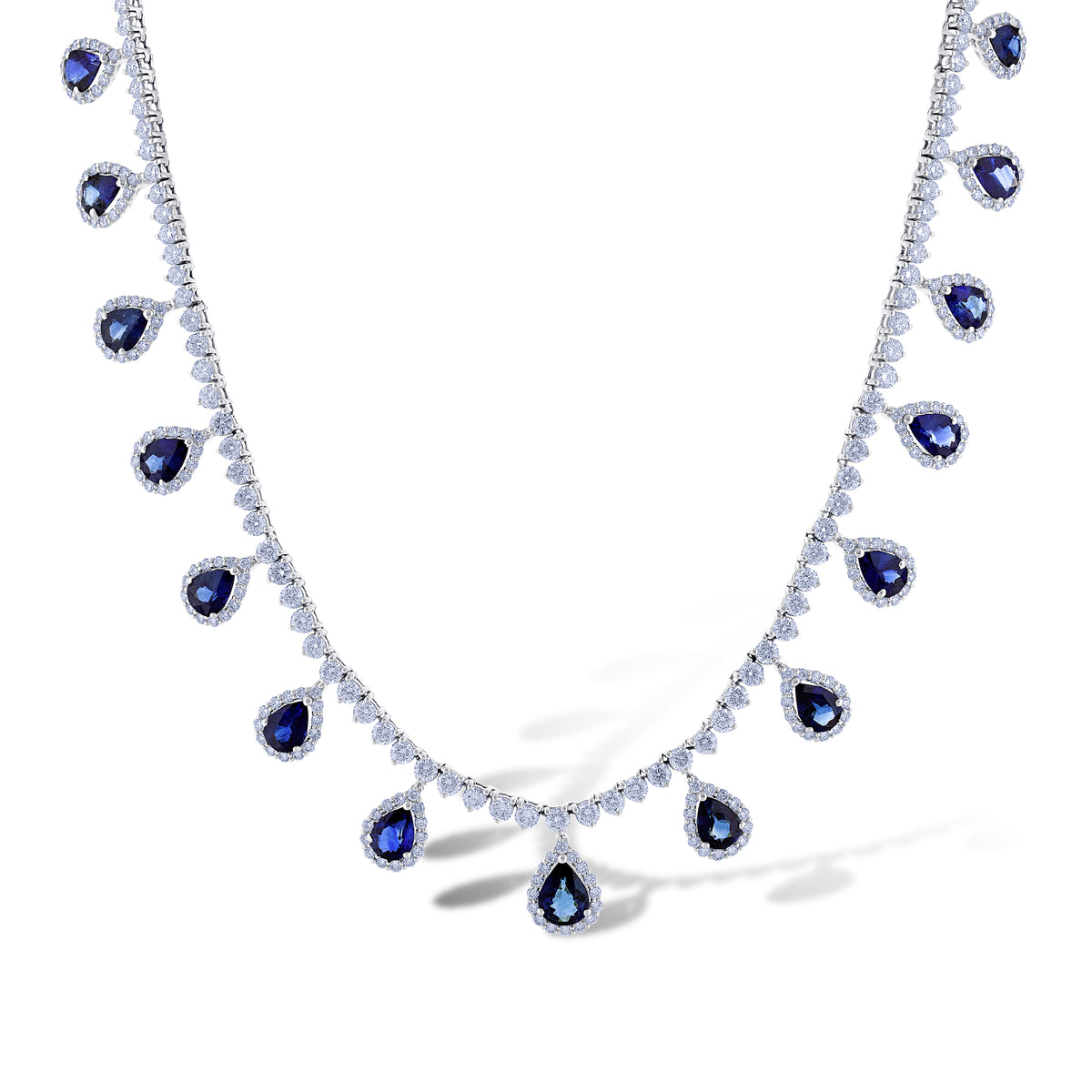 18k White Gold Pear Sapphire and Diamond Halo Dangle Necklace