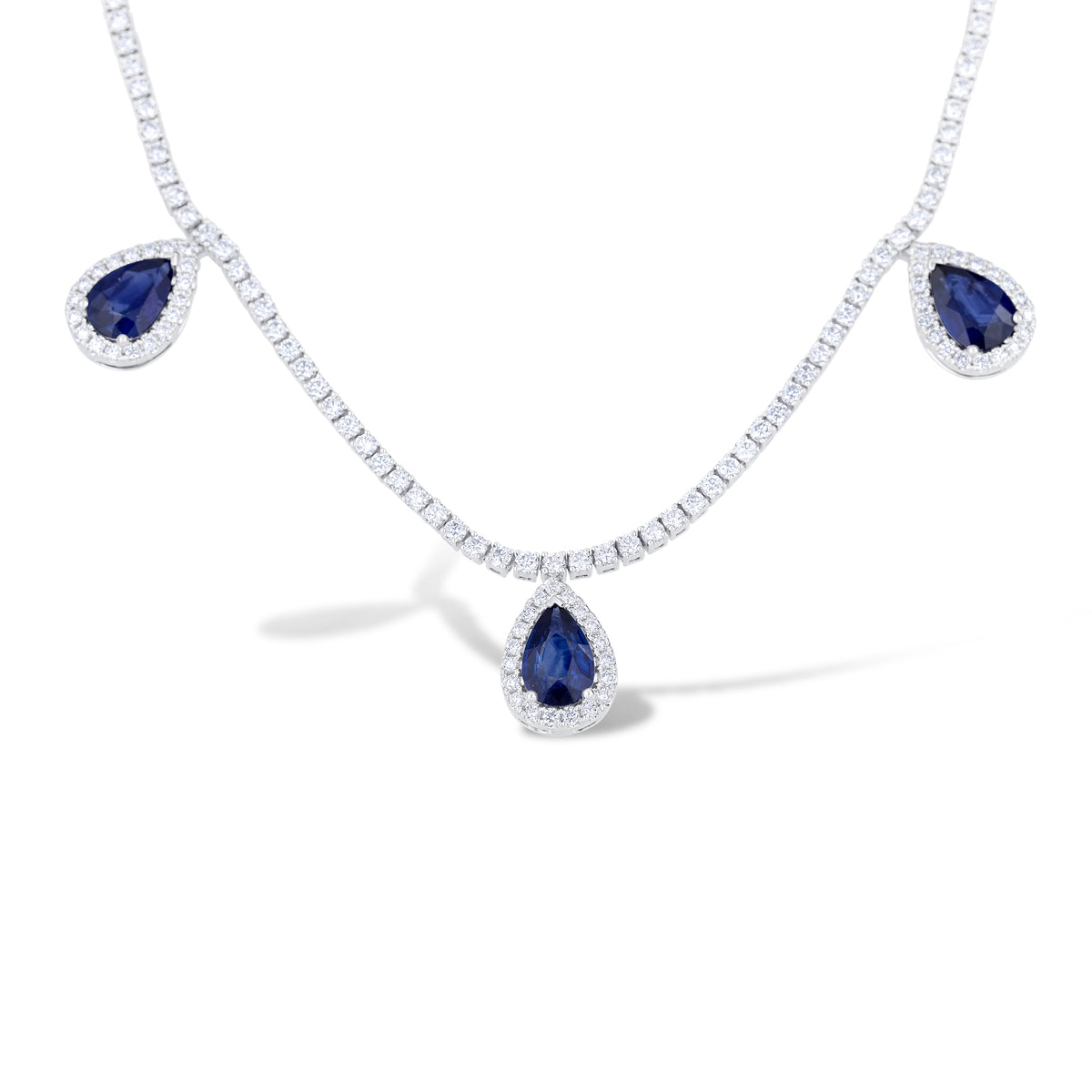 18k White Gold Pear Sapphire and Diamond Halo Dangle Necklace