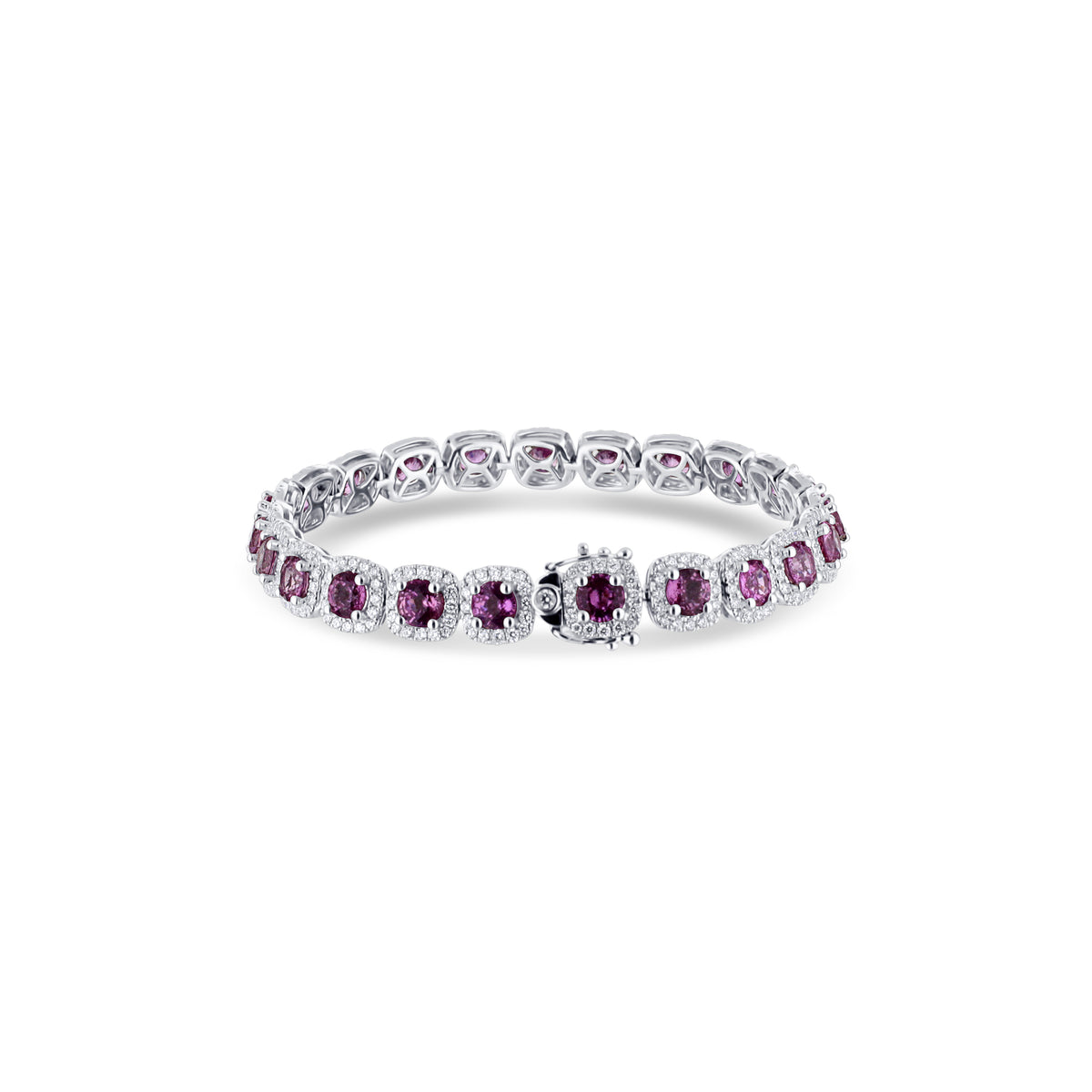 18k White Gold Round Pink Sapphire and Diamond Halo Bracelet