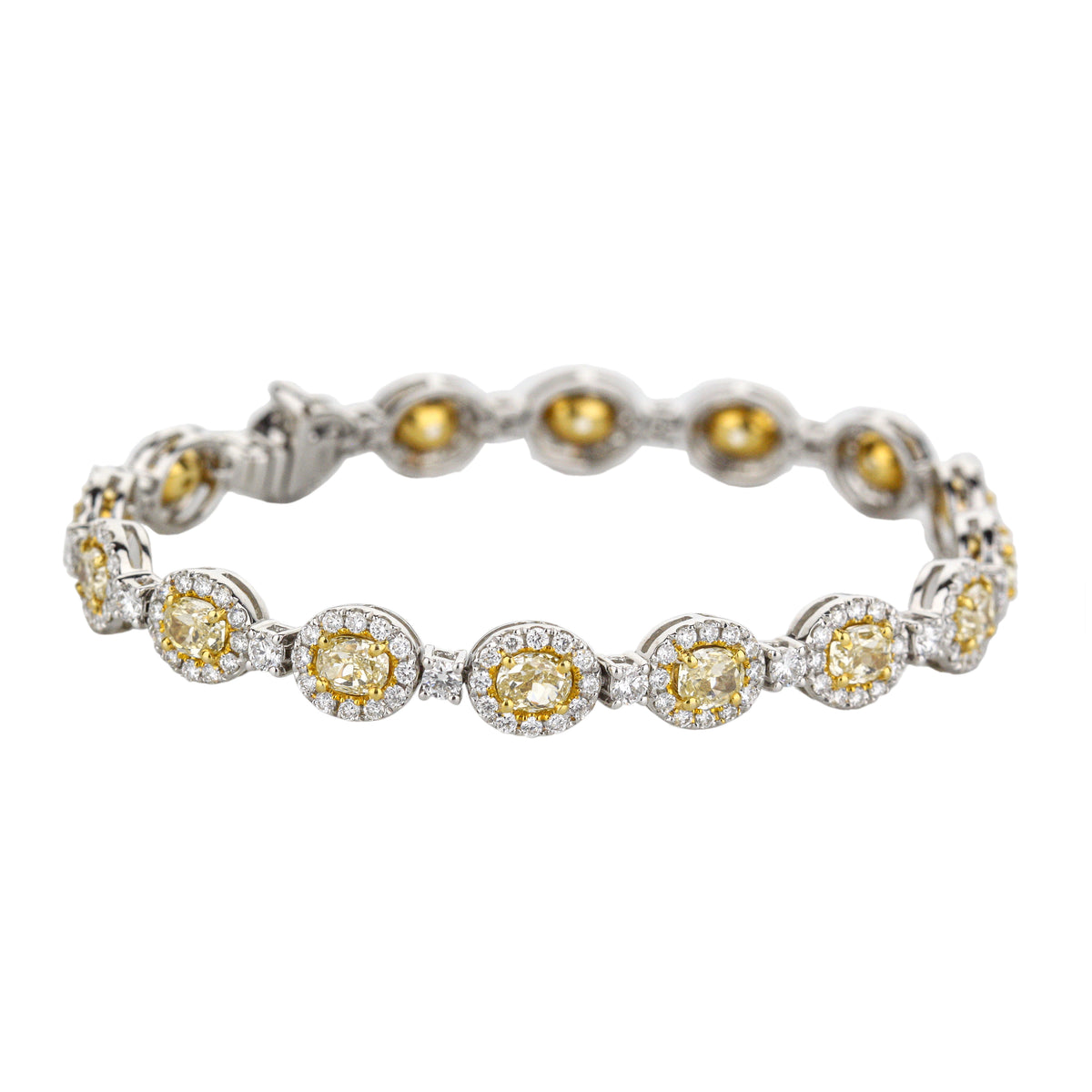18k White Gold and 18k Yellow Gold Oval Yellow Diamond and Diamond Halo Alternating Bracelet