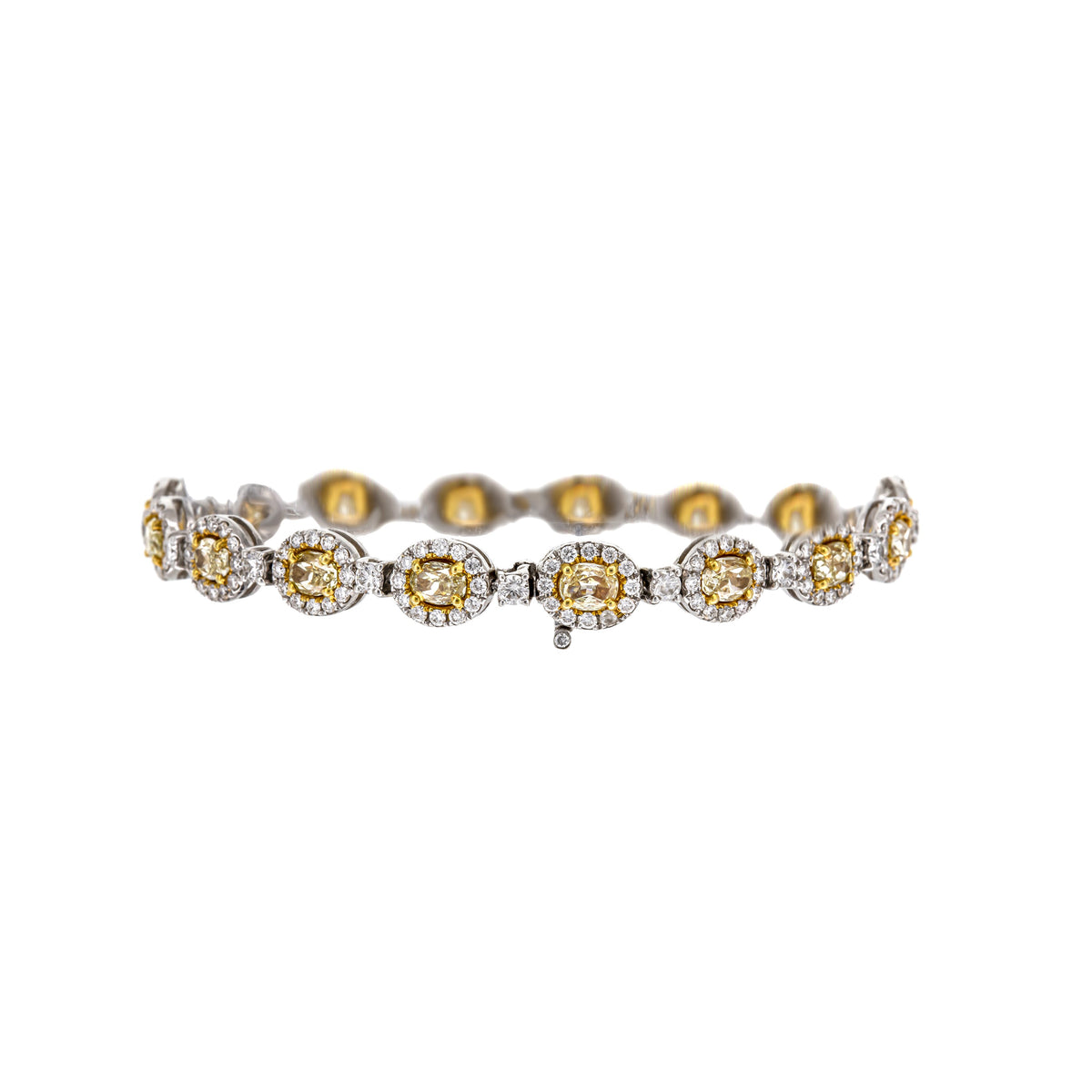 18k White Gold and 18k Yellow Gold Oval Yellow Diamond and Diamond Halo Alternating Bracelet