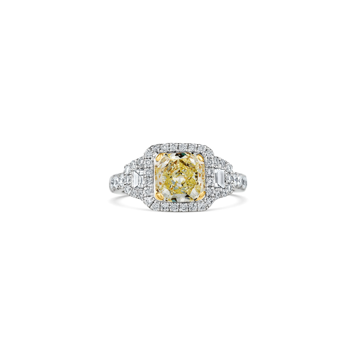 Platinum and 18k Yellow Gold 1.73ct Radiant Yellow Diamond Three Stone Halo Engagement Ring