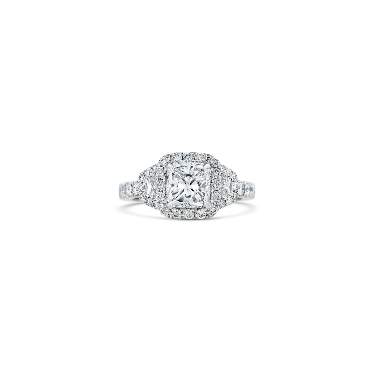 Platinum 2.00ct Radiant Diamond Three Stone Halo Engagement Ring