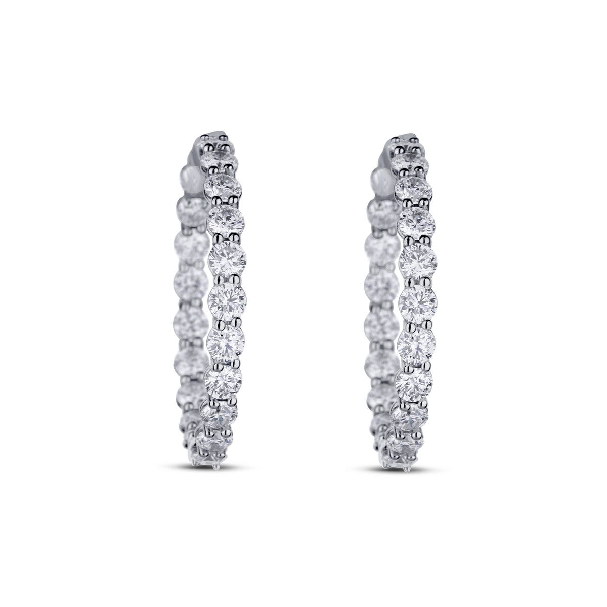 18k White Gold Diamond Inside Outside Shared Prong Hoop Earrings