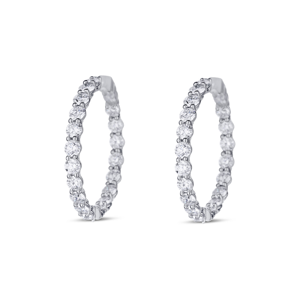 18k White Gold Diamond Inside Outside Shared Prong Hoop Earrings