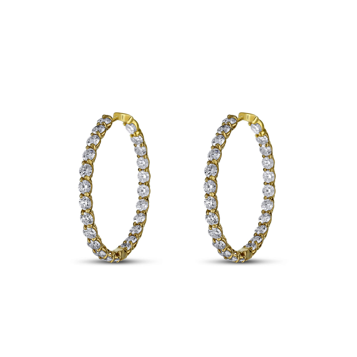 18k Yellow Gold Diamond Inside Outside Shared Prong Hoop Earrings