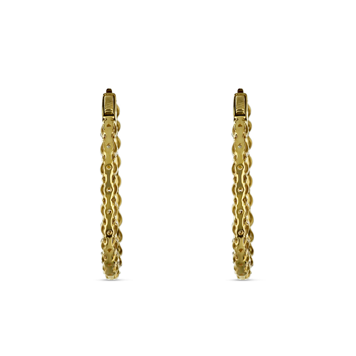 18k Yellow Gold Diamond Inside Outside Shared Prong Hoop Earrings