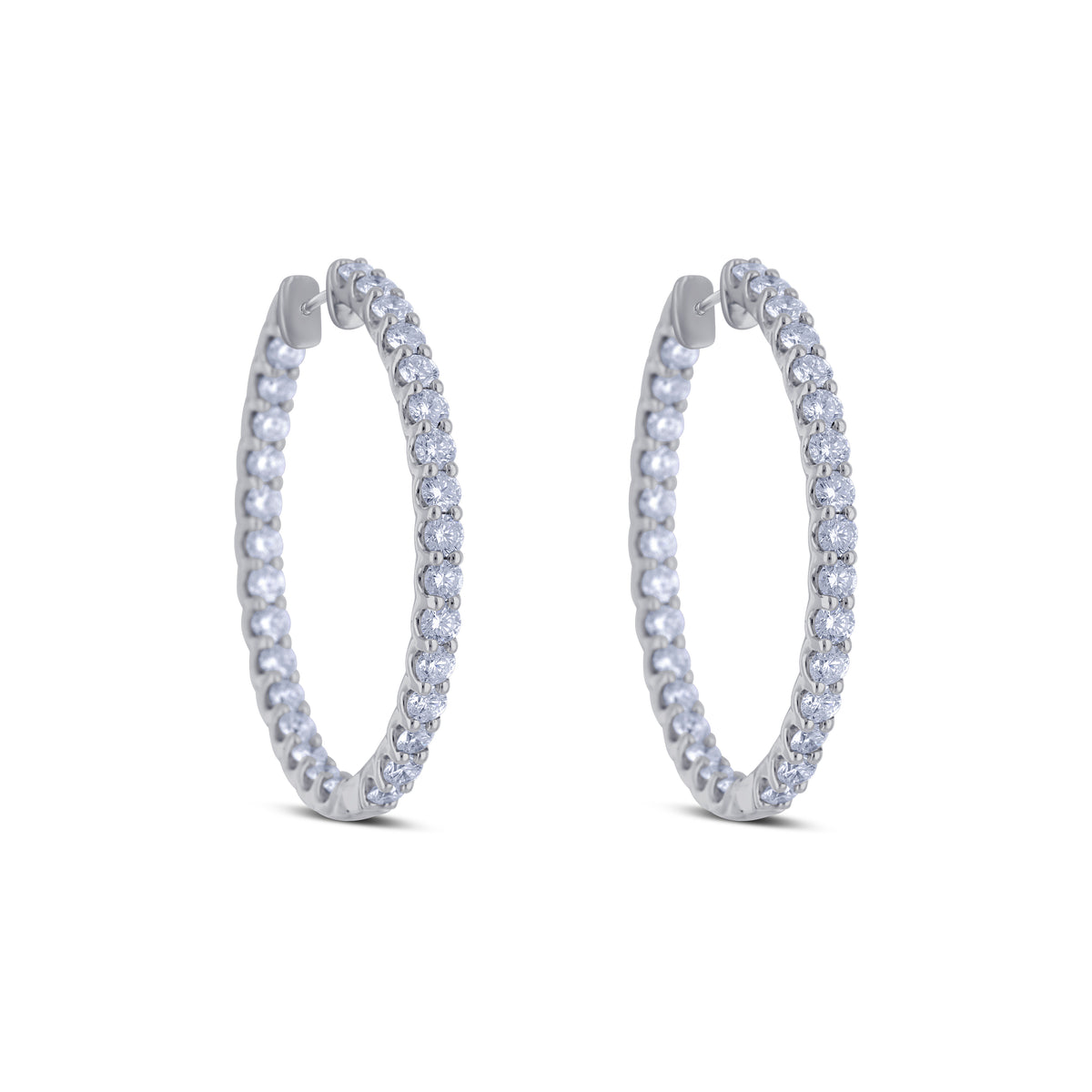 14k White Gold Diamond Inside Outside Shared Prong Hoop Earrings