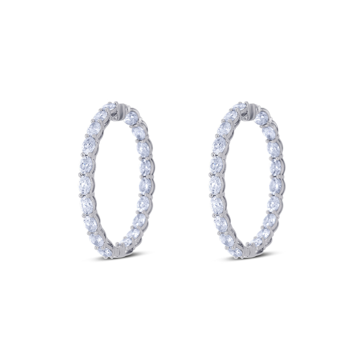 14k White Gold Oval Diamond Inside Outside Shared Prong Hoop Earrings