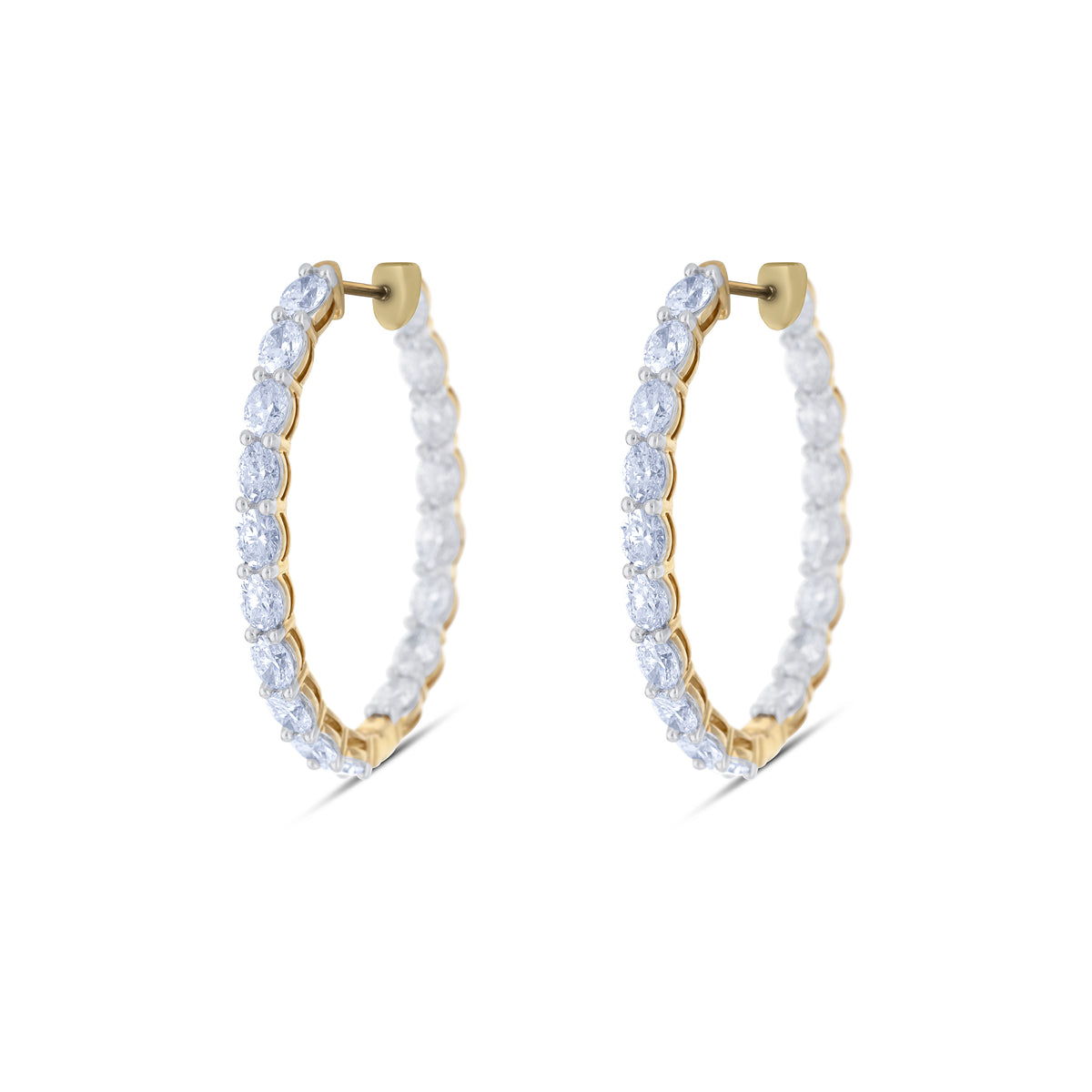 14k Yellow Gold Oval Diamond Inside Outside Shared Prong Hoop Earrings
