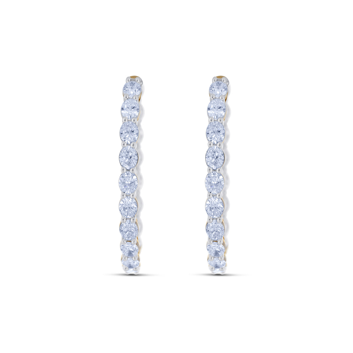 14k Yellow Gold Oval Diamond Inside Outside Shared Prong Hoop Earrings