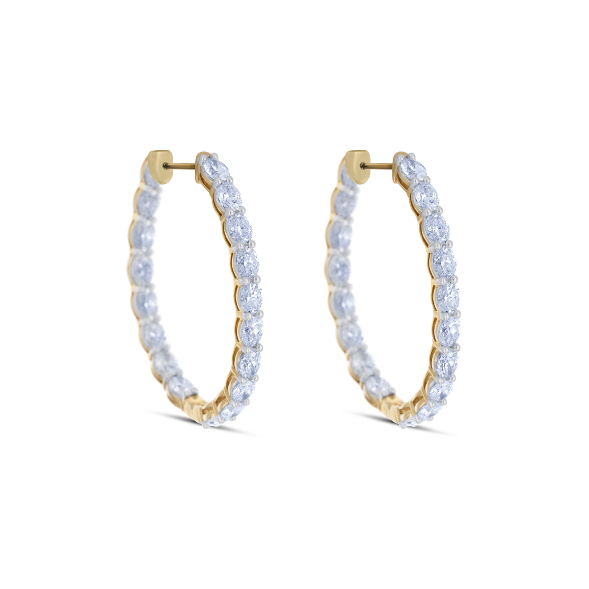 14k Yellow Gold Oval Diamond Inside Outside Shared Prong Hoop Earrings