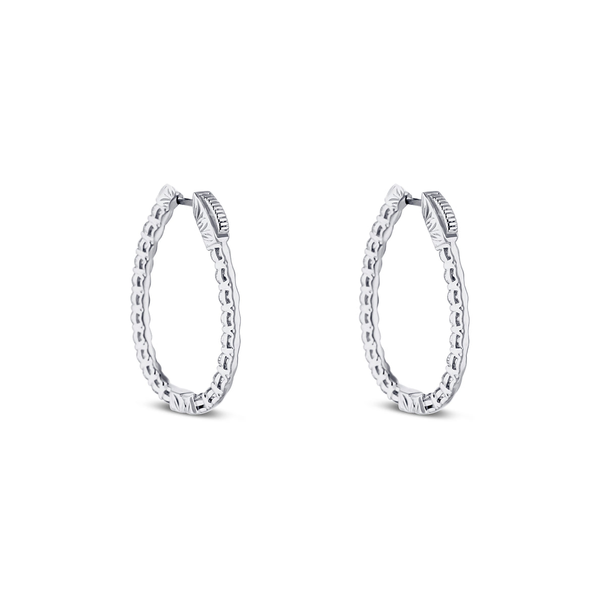 18k White Gold Diamond Inside Outside Shared Prong Hoop Earrings