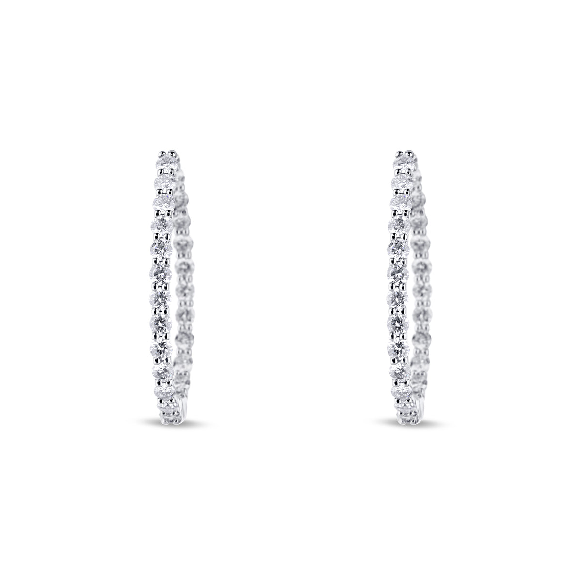 18k White Gold Diamond Inside Outside Shared Prong Hoop Earrings