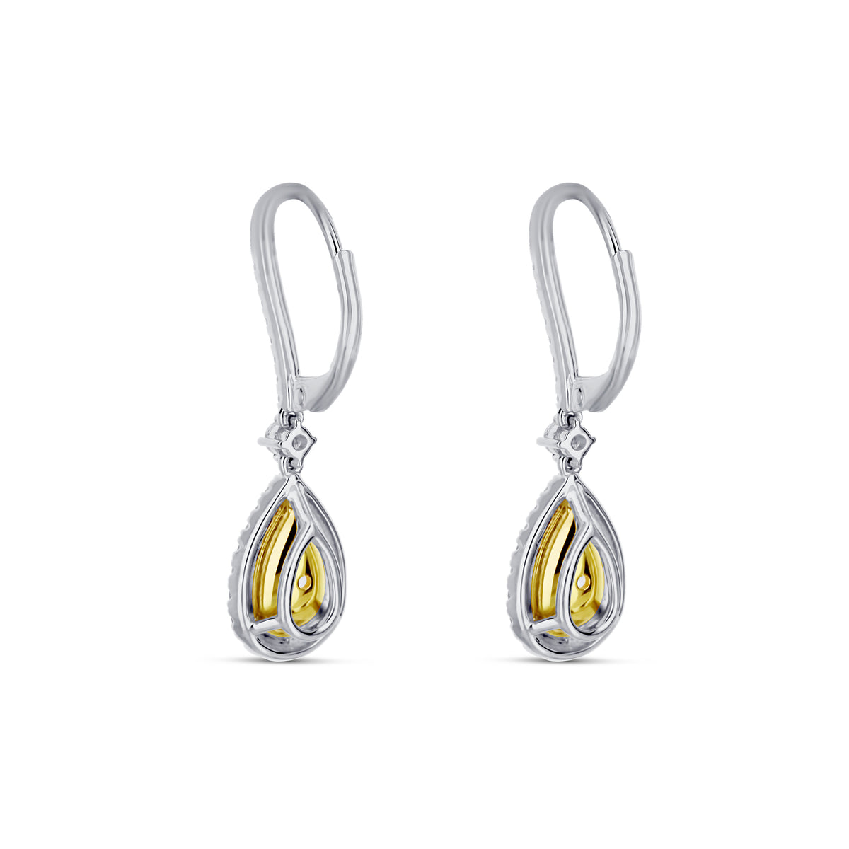 18k White Gold Pear Yellow Diamond Halo Drop Earrings