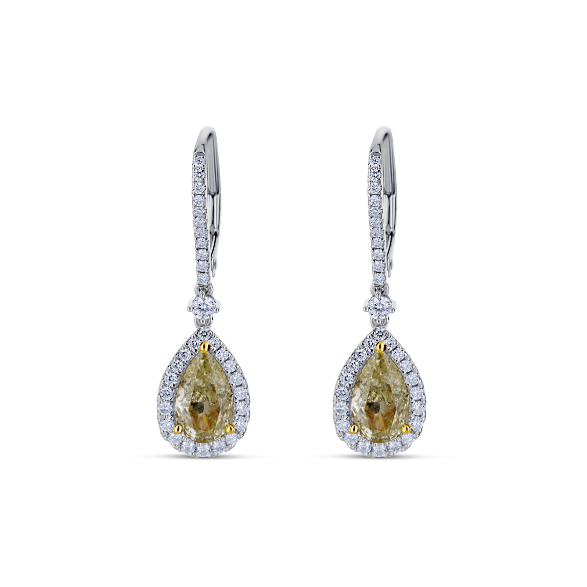 18k White Gold Pear Yellow Diamond Halo Drop Earrings
