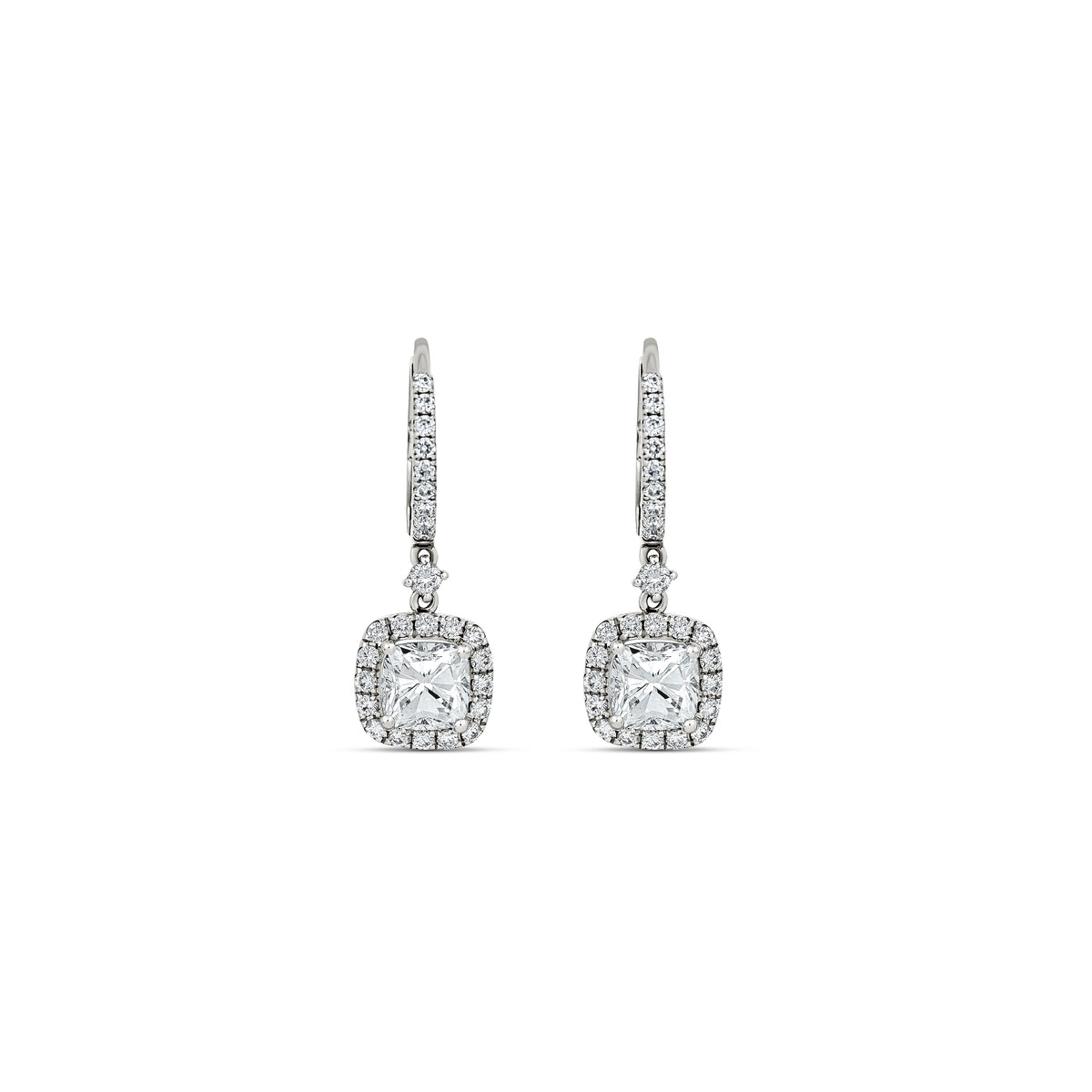 18k White Gold Cushion Diamond Halo Drop Earrings