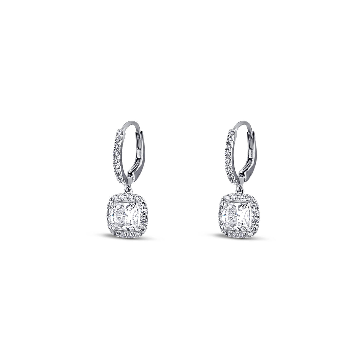 Platinum Cushion Diamond Halo Drop Earrings