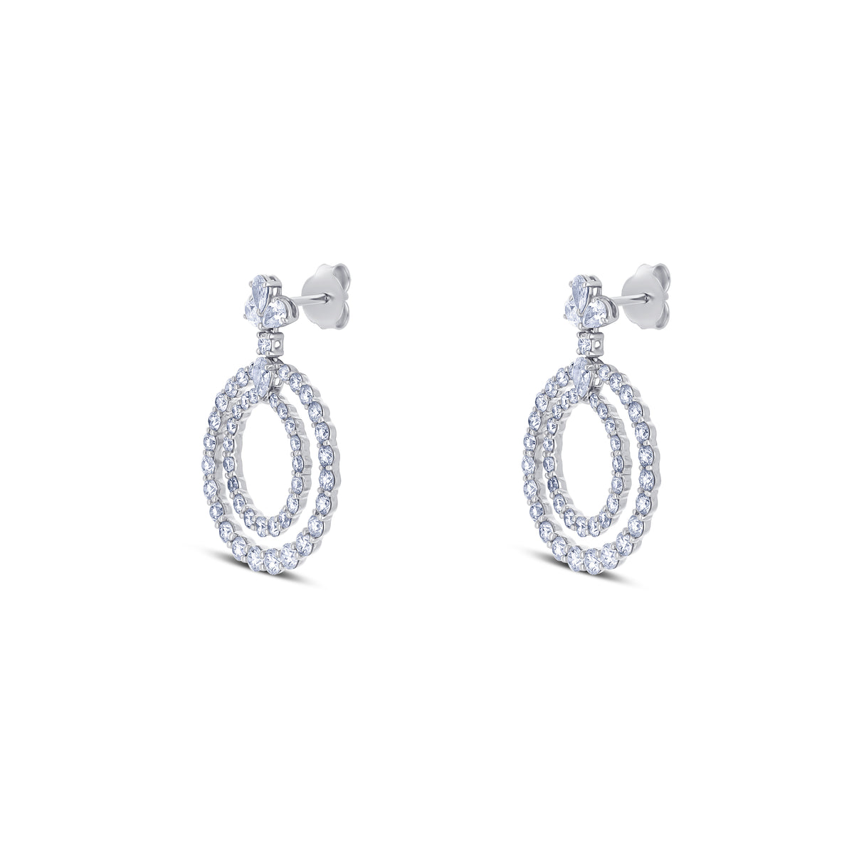 18k White Gold Diamond Double Circle Drop Earrings