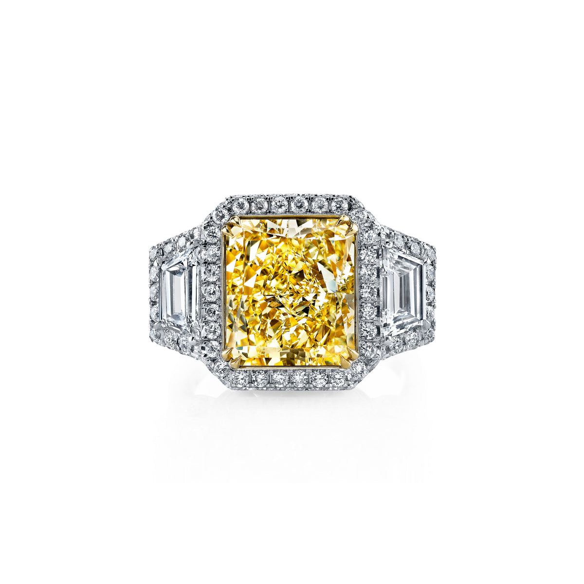 Platinum and 18k Yellow Gold Radiant Fancy Light Yellow Diamond Hidden Accent Three Stone Engagement Ring