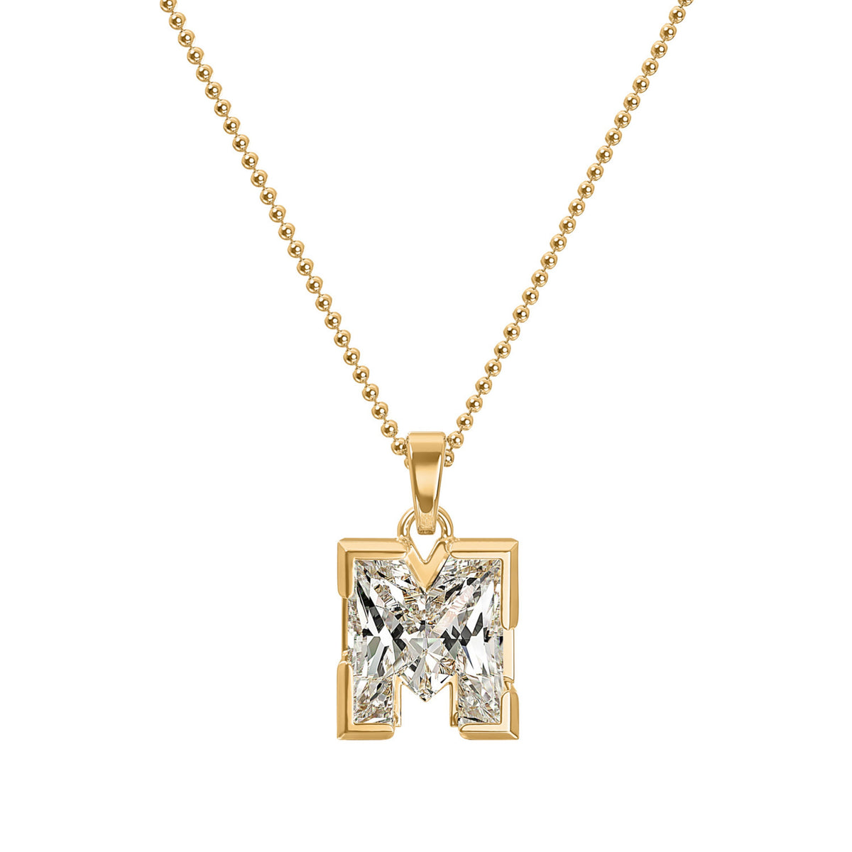18k Yellow Gold Type Lab Grown Diamond Initial M Pendant with Ball Chain