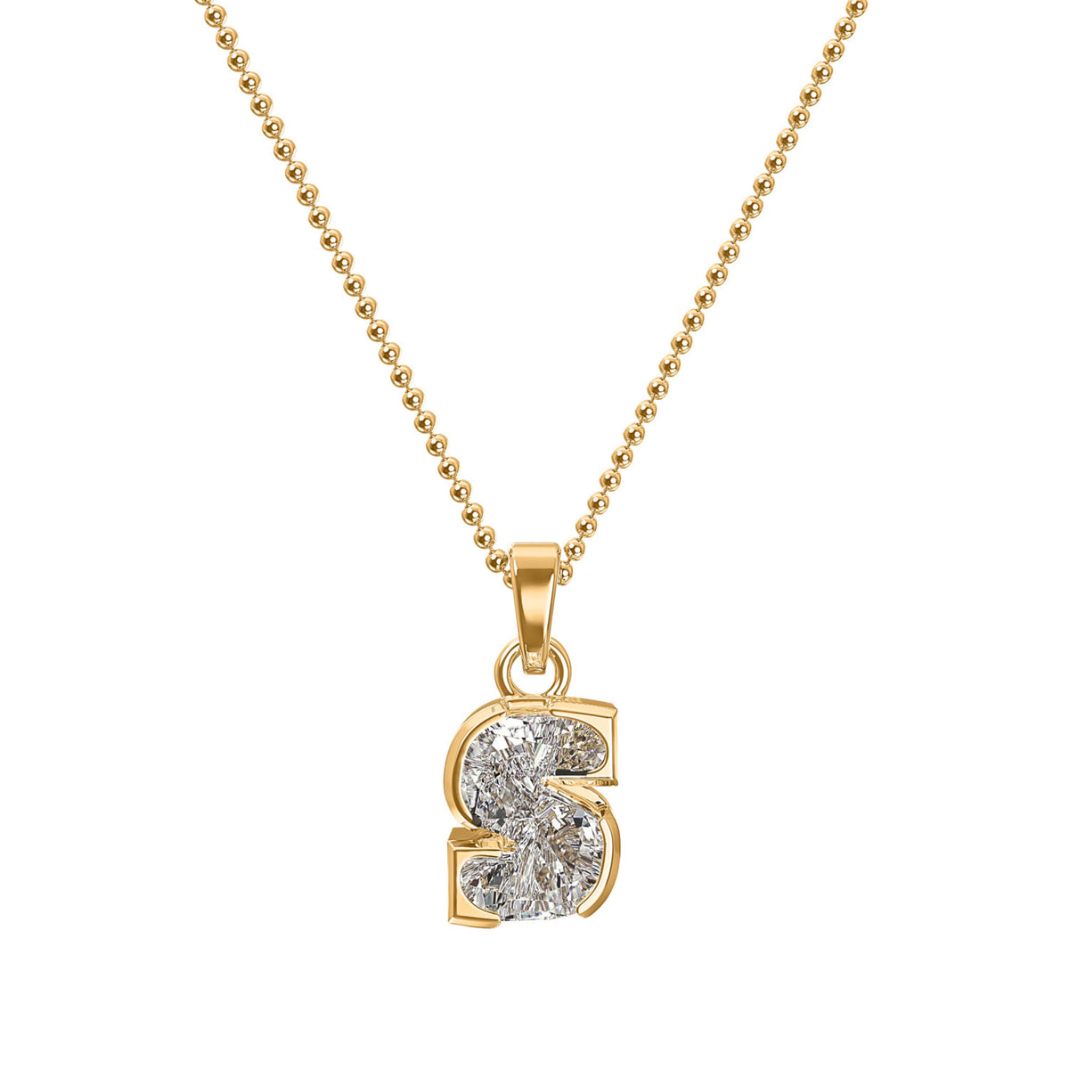 18k Yellow Gold Type Lab Grown Diamond Initial S Pendant with Ball Chain