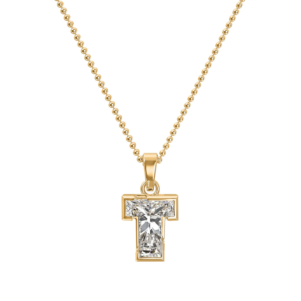 18k Yellow Gold Type Lab Grown Diamond Initial T Pendant with Ball Chain